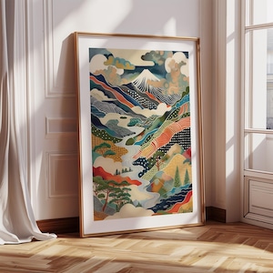 Mount Fuji Print: Colorful Japanese Landscape Art - Modern Japandi Style