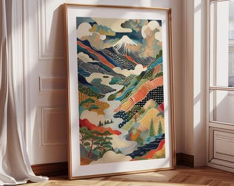 Mount Fuji Print | Japanese Mountain Landscape Poster | Colourful Modern Art for Living Room | Abstract Wall Art Bedroom, Office or Entryway