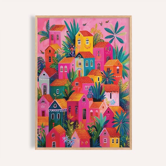 Mexican Village Art Print: Colorful Boho Home Decor