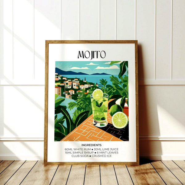 Mojito Cocktail, Bar Cart Decor, Retro Cocktail Print, Bar Cart Art Print, Cocktail Print, A4, A3, A2, A1, A0, 30x40cm 40x50cm 50x70cm