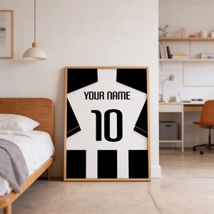 Custom name and number football shirt artwork featuring crisp outline, sans serif lettering and striped detail, ideal for office or bedroom wall decor