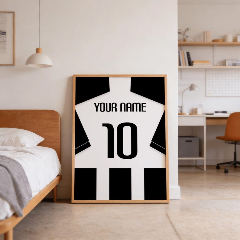 Custom name and number football shirt artwork featuring crisp outline, sans serif lettering and striped detail, ideal for office or bedroom wall decor