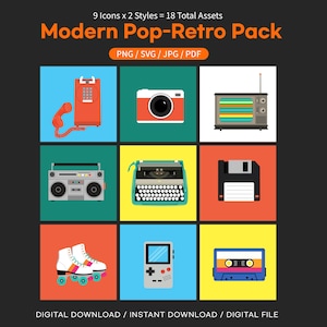 Modern Pop Retro Icons Bundle – 90s Y2K Clipart, Bold Line Art, Flat Style