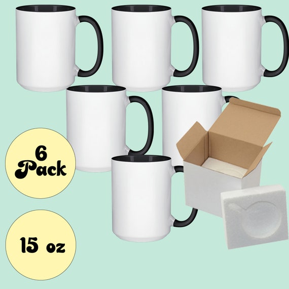 Set of 6 15 Oz. Ceramic Sublimation Mugs Inner and Handle BLACK  Professional Grade Sublimation Mug Cardboard Box With Foam Supports 