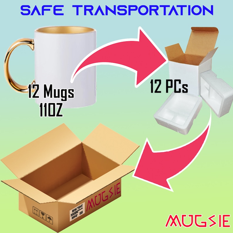 Pode incluir: Caneca branca com al&ccedil;a e interior dourados, rotulada como "12 Mugs 11OZ". A imagem mostra a caneca embalada em uma caixa com inser&ccedil;&otilde;es protetoras, com o texto "SAFE TRANSPORTATION" no topo. A marca "MUGSIE" est&aacute; na parte inferior.