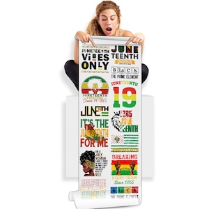 May include: A white Juneteenth-themed poster with various graphics and text. The poster includes the words "Juneteenth Vibes Only," "Freedom Day," and "June 19th 1865." Other graphics include a lion, a sneaker, and a woman's silhouette.