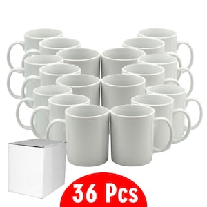 May include: A collection of 36 white ceramic mugs, each with a curved handle. The mugs are arranged in rows, with a white box in the lower left corner. The number "36 Pcs" is displayed in a red circle at the bottom.