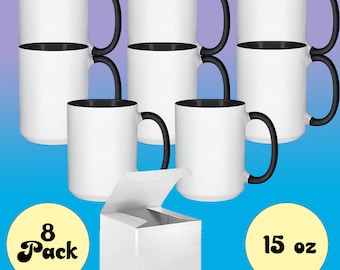 Set of 8 15 oz. Ceramic Sublimation Mugs - Inner and Handle - BLACK - Professional Grade Sublimation Mug- With Individual White Gift Boxes