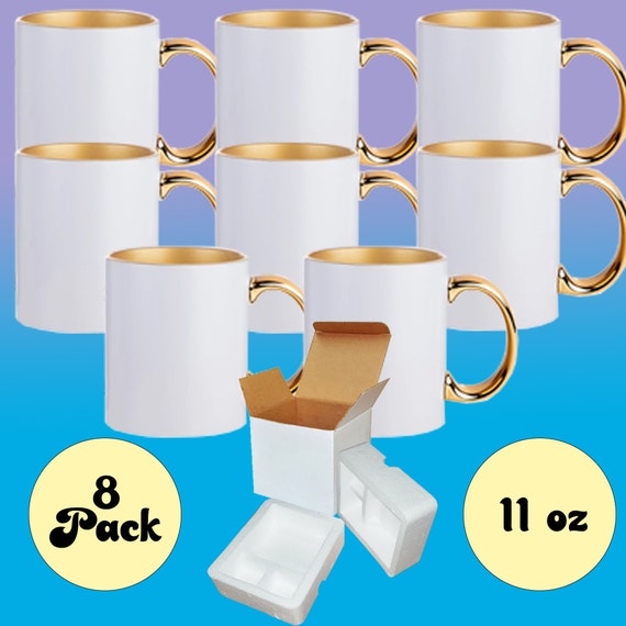 Set of 8 11 Oz. GOLD Inner and Handle Ceramic Sublimation Mugs Professional  Grade Sublimation Mug Cardboard Box With Foam Supports 