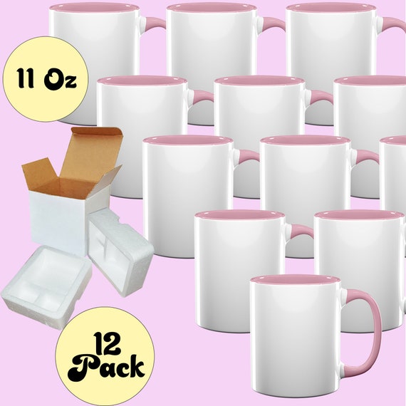 Case of 12 11 Oz. PINK Inner and Handle Ceramic Sublimation Mugs  Professional Grade Sublimation Mug Cardboard Box With Foam Supports 