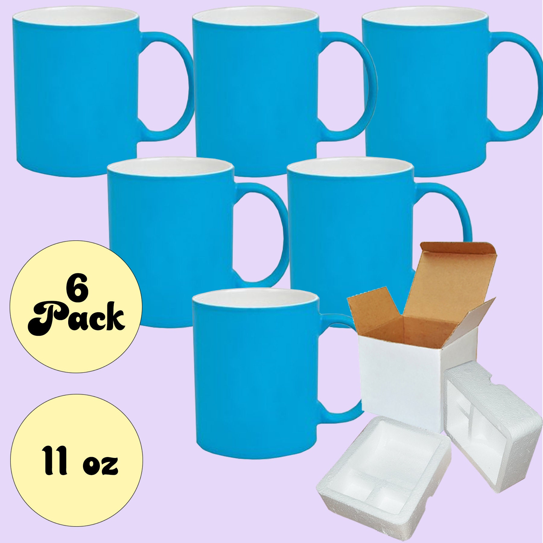 6 PACK 11OZ Sublimation Mug Ceramic Mugs BLUE Fluorescent / Neon Mug With  Foam Supports Cardboard Boxes - Etsy