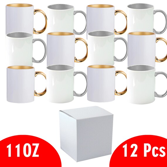 12 Pack 11 oz. SILVER & GOLD RIM & Handle- Ceramic Sublimation Mugs -  Professional Grade - With Individual White Gift Boxes