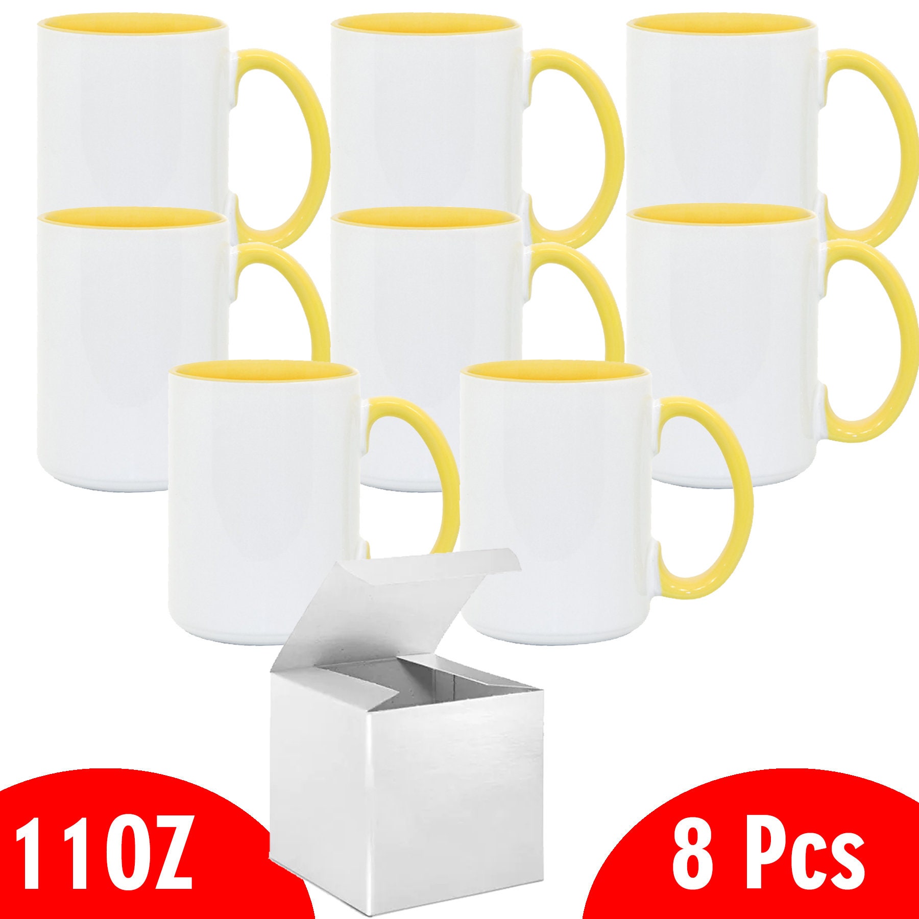 Set Of 8 Yellow Sublimation Ceramic Mugs - 15 Oz, Inner/Handle Colored, Professional Grade With Gift Boxes