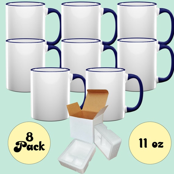 Set of 8 11 Oz. Ceramic Sublimation Mugs DARK BLUE Rim & Handle Cardboard  Box With Foam Supports 