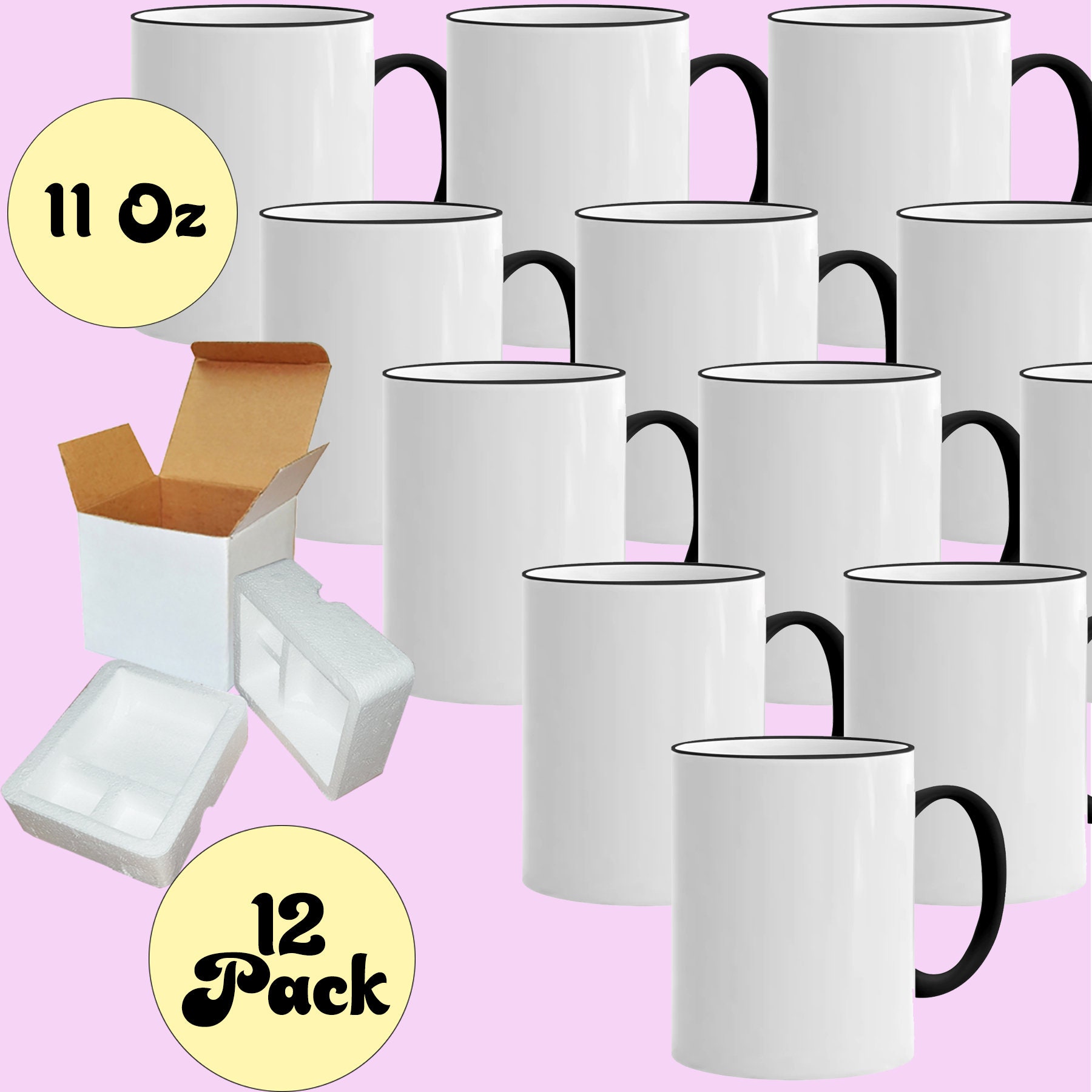 Mugsie 12 PACK 11 oz. Ceramic Mug - Two-Tone Sublimation Blank Mugs - BLACK  Inner and WHITE Handle - Individually Packed in a 