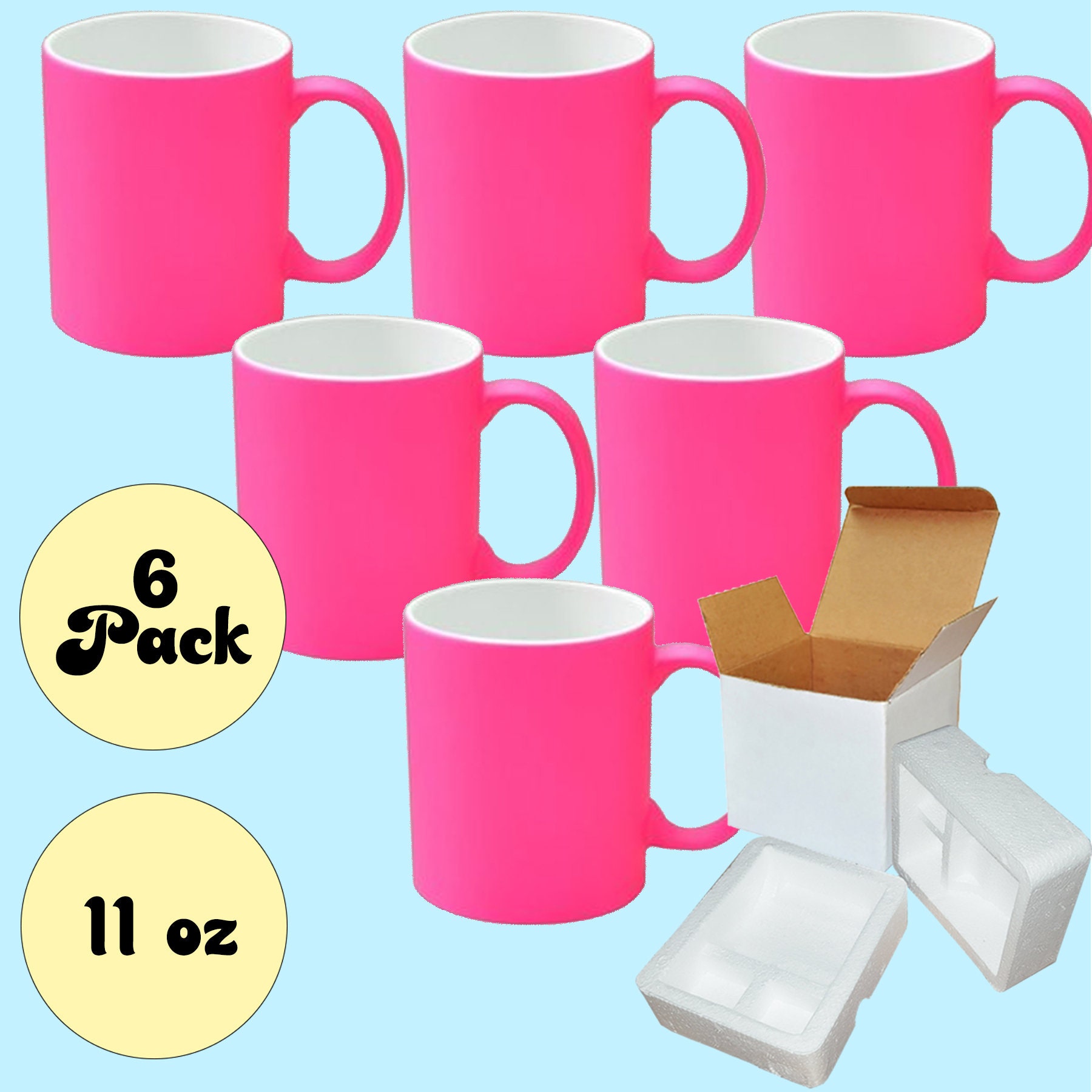 6 PACK 11OZ MIXED COLORS Fluorescent / Neon Sublimation Mugs with Foam  Supports Cardboard Boxes