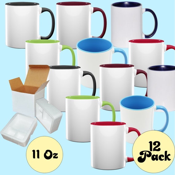 11 Oz White Ceramic Sublimation Coffee Mug With MIX Colors Inside/handle  Cardboard Box With Foam Supports Case of 12 