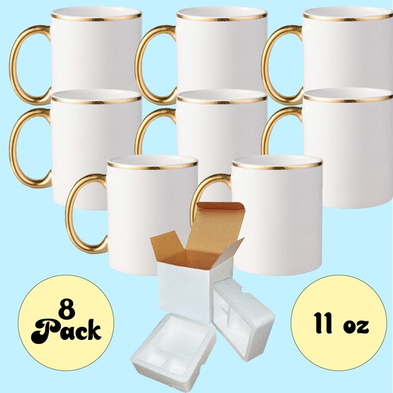 Set of 8 11 oz. Ceramic Sublimation Mugs - GOLD Rim & Handle- Cardboard Box with Foam Supports