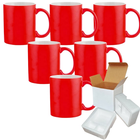 Mugsie | 6 Pack 11oz Red Fluorescent / Neon Sublimation Mugs with Foam Supports Cardboard Boxes