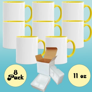 Case Of 8 11OZ YELLOW Inside/Handle Ceramic Sublimation Coffee Mug - White Ceramic Sublimation Coffee Mug- Shipping Box with Foam Supports