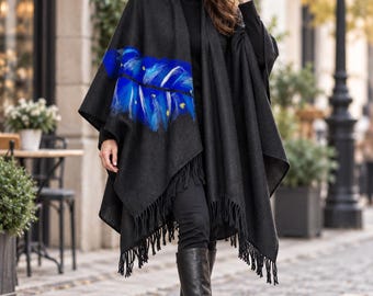 Women's and men's  Poncho, hippi poncho, wool cloak with felt, wool cape, unique handmade gift, Black and blue, original