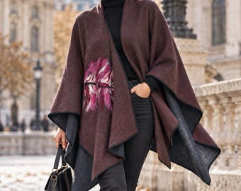 Handmade Wool Poncho: Felted Cloak, Hippie Cape, burgundy, Gift for women, gift