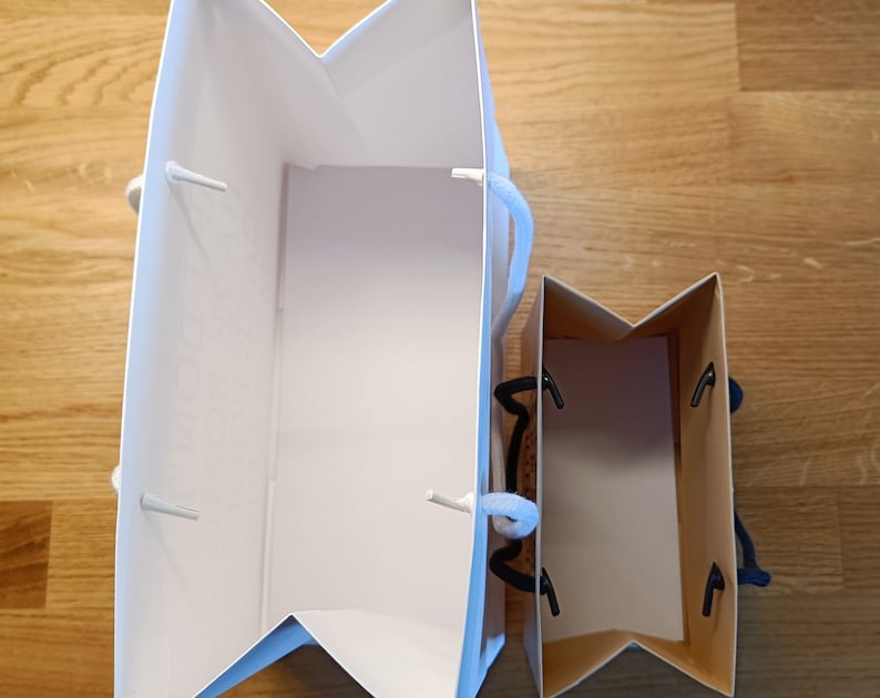 May include: Two white paper gift bags with black handles. The larger bag is open and the smaller bag is closed.