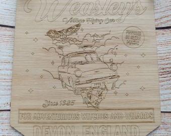 May include: A wooden sign with the text "Weasley's Vintage Flying Car" and "Powered by Clean Magic" in a circle. The sign also includes a drawing of a flying car, a bird, and stars. The text "Since 1985" and "For Adventurous Witches and Wizards" are also included. The sign ends with the text "Devon, England".