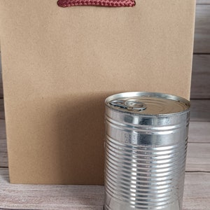 May include: A brown paper gift bag with a red rope handle and a silver can with a pull tab on top.