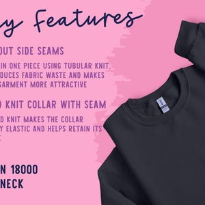 May include: A black Gildan 18000 crewneck sweatshirt on a pink background with text listing key features: without side seams, knit in one piece using tubular knit, and a ribbed knit collar with seam. The text highlights that the garment is unisex.