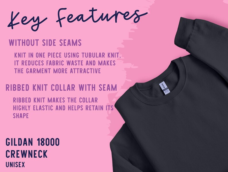 May include: A black Gildan 18000 crewneck sweatshirt on a pink background with text listing key features: without side seams, knit in one piece using tubular knit, and a ribbed knit collar with seam. The text highlights that the garment is unisex.