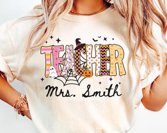 Custom Teacher Halloween Name Shirt, Personalized Halloween Teacher Shirt, Cute Teacher Fall Sweatshirt, Spooky Ghost Teacher Shirt