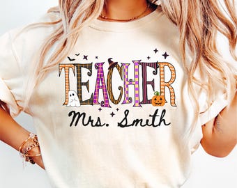 Custom Teacher Halloween Name Shirt, Personalized Halloween Teacher Shirt, Cute Teacher Fall Sweatshirt, Spooky Ghost Teacher Shirt