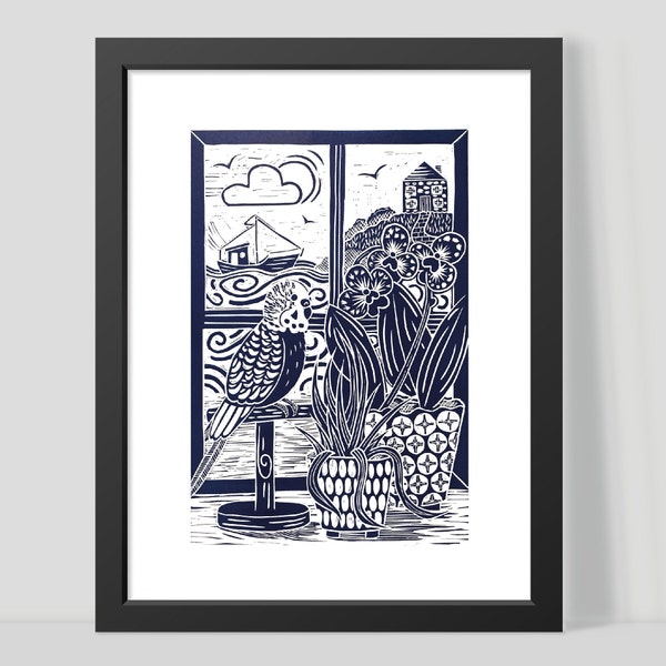 Original Budgie Lino Print | A3 Limited Edition | Budgie Lovers Gift