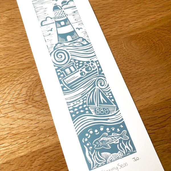 Small Lighthouse Lino Print - Powder Blue Coastal Wall Art - Handmade Seaside Decor