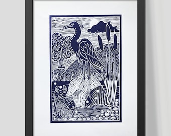 Original Heron Lino Print | A3 Limited Edition | Bird Lovers Gift