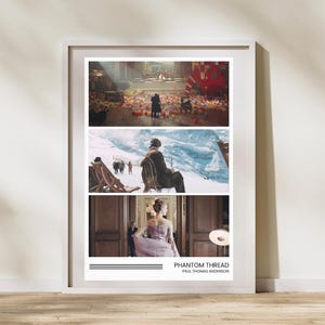 Può includere: Una stampa incorniciata con tre scene del film "Il filo nascosto" di Paul Thomas Anderson. La scena in alto mostra un gruppo di persone in una grande stanza. La scena centrale mostra un uomo seduto all'aperto sulla neve. La scena in basso mostra una donna in un vestito.