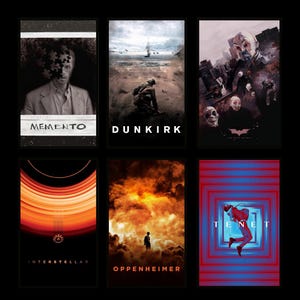 May include: A collection of six rectangular movie posters featuring Memento with a puzzle-faced man, Dunkirk with a soldier on a beach, The Dark Knight with a clown mask, Interstellar with a black hole, Oppenheimer with an explosion, and Tenet.