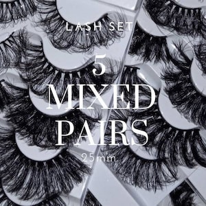 May include: Five pairs of mixed lash sets in various styles. The lashes are black and appear to be made of synthetic fibres. The text on the packaging reads "Lash Set 5 Mixed Pairs 25mm".