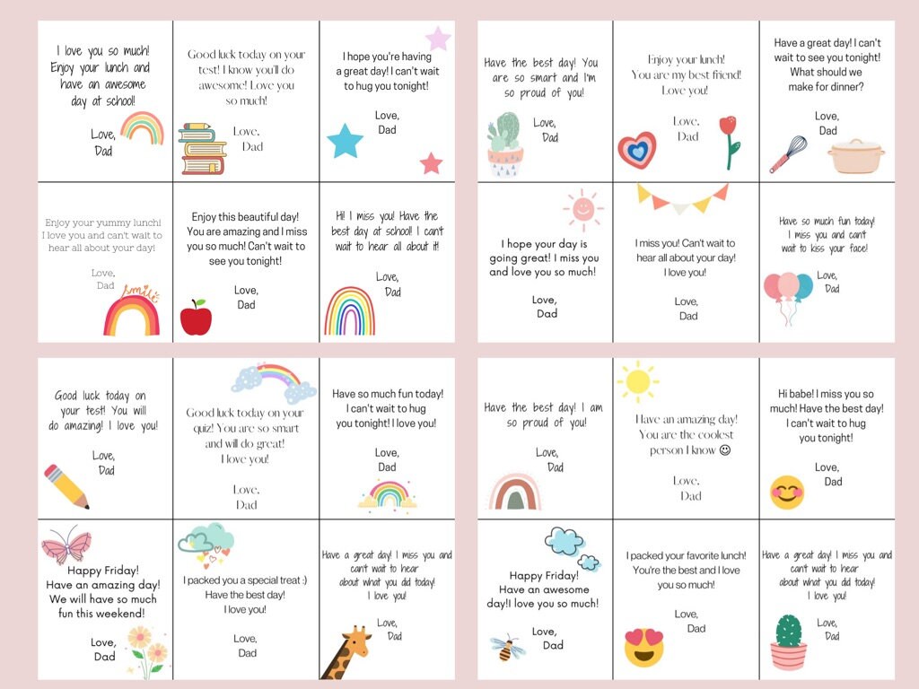 Kindergarten Lunch Box Notes, Printable Lunch Box Notes, Lunch Box ...