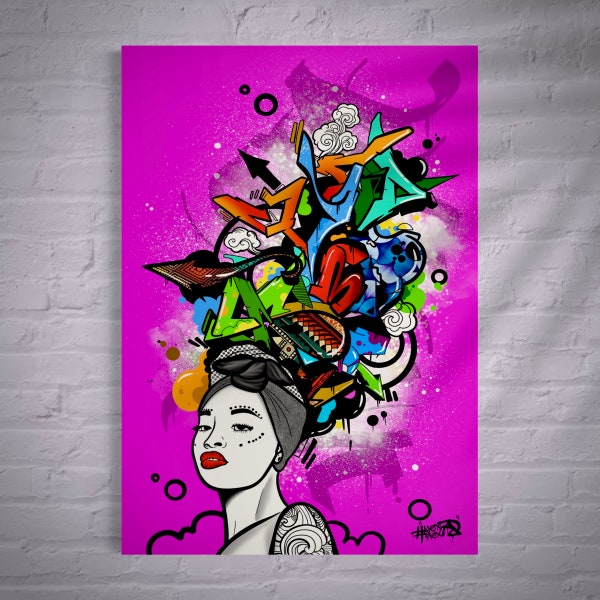 Poster Femme aux Graffitis - Fusion Éblouissante d'Élégance et d'Expression Urbaine-Street art contemporain-Designs graffiti pour décoration