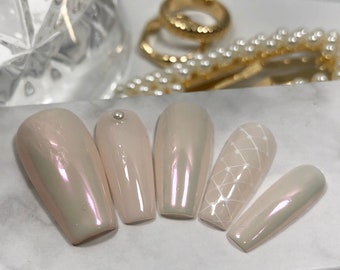 Pearlescent HandPainted Lace Wedding Press on Nails