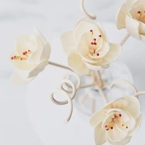 May include: Close-up of artificial cream-coloured flowers with red accents. The flowers have multiple petals and are arranged on thin stems with decorative, curled elements. The background is a soft, blurred white.