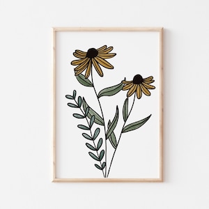 Sunflower Wall Print, Wildflower Wall Print, Watercolor Floral Print, Wildflower Wall Art, Simple Wall Art, Boho Flower Art, Boho Wall Art