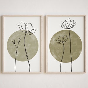 Sage Green Print Set, Set of 2 Boho Prints, Sage Green Line Drawing, Boho Sage Green Art, Floral Line Art Prints, Set of 2 Sage Green Art