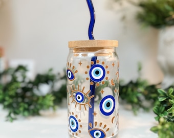 Bicchiere in vetro anti-malocchio, bicchiere anti-malocchio blu, bicchiere in vetro con coperchio in bambù e cannuccia in vetro, bicchiere in vetro per caffè latte freddo, bicchiere in vetro riutilizzabile, bicchiere in vetro anti-malocchio