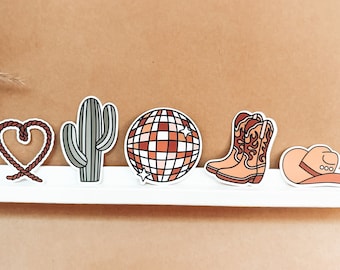 Paquete de pegatinas Howdy, pegatinas de bola de discoteca, pegatina de cactus, pegatina de sombrero de vaquera, pegatina de botas de vaquera, paquete de pegatinas retro