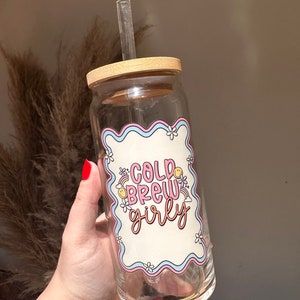 Cold brew girly cup, cold brew glass cup with bamboo lid, cold brew coffee cup, iced coffee cup, coffee drinker gift