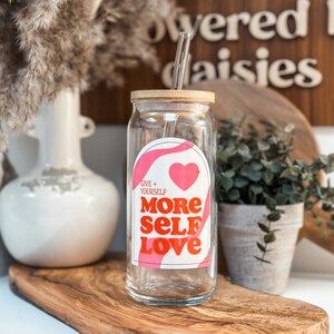 Self Love Coffee Glass Cup, Valentine’s Day Glass Cup, Heart Self Love Cup with Bamboo Lid, Cold Brew Coffee Glass, Iced Latte Glass Cup