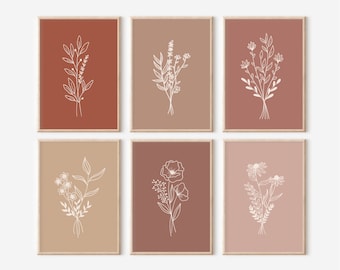 Boho Print Set, Boho 5x7 Prints, Floral Set of 6 Prints, Boho Home Decor, Boho Flower Prints, Floral Nursery Decor, Dorm Room Wall Art